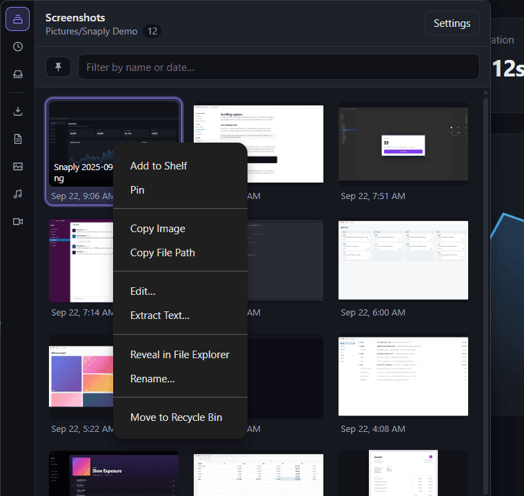 A right-click menu over a thumbnail in Snaply offering Add to Shelf, Pin, Copy Image, Copy File Path, Edit, Extract Text, Reveal in File Explorer, Rename and Move to Recycle Bin.