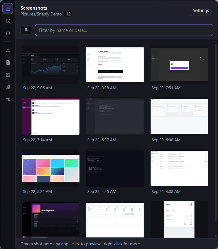The Snaply drawer showing a grid of twelve screenshot thumbnails with timestamps, a filter box, and a source rail down the left side.
