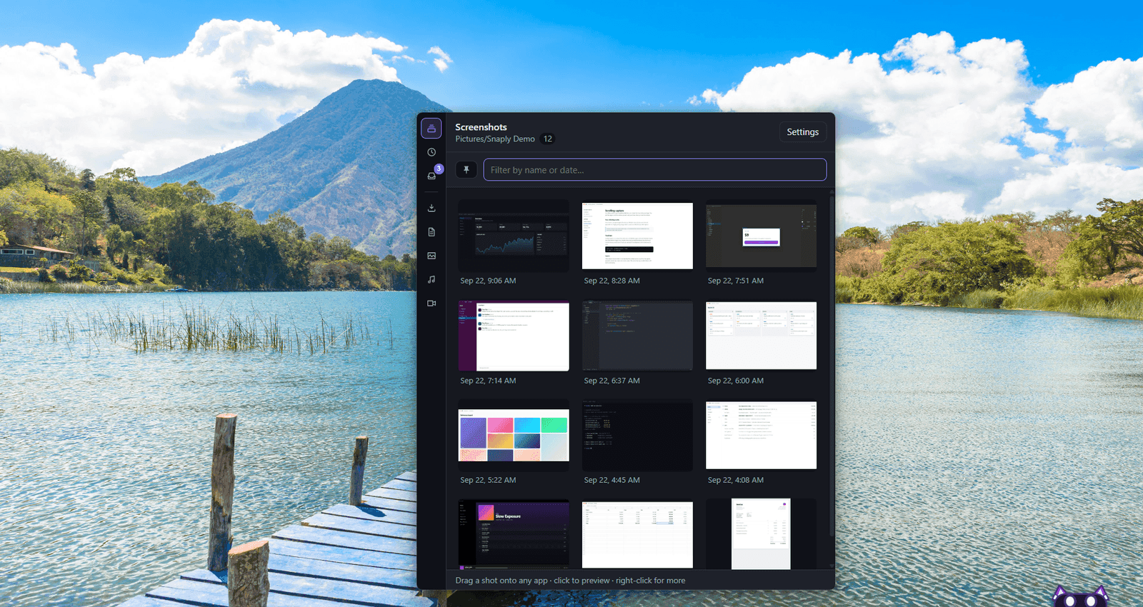 Windows 11 desktop with the Snaply drawer open on the right, showing a grid of recent screenshots. The Snaply cat peeks up from the bottom-right corner of the screen.
