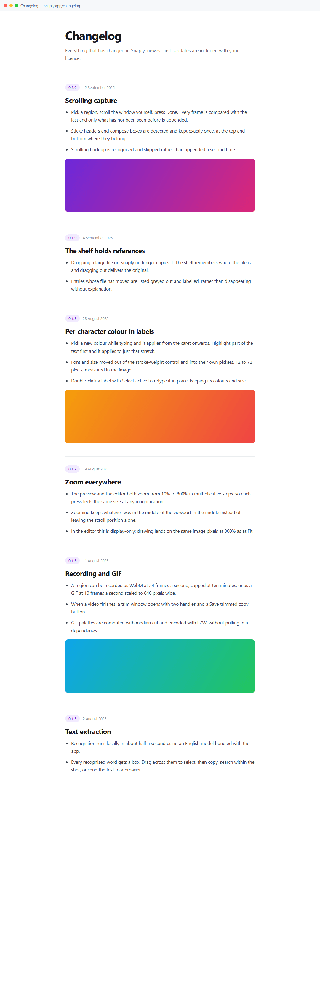 A long changelog web page captured as a single continuous image, several screens tall.