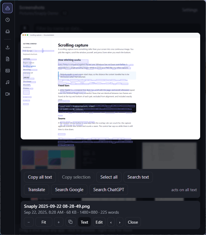 A documentation screenshot in Snaply with every recognised word outlined, and buttons for Copy all text, Copy selection, Select all, Search text, Translate, Search Google and Search ChatGPT.