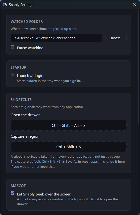 The Snaply settings window showing the watched folder, a launch at login option, both global shortcuts and the mascot toggle.