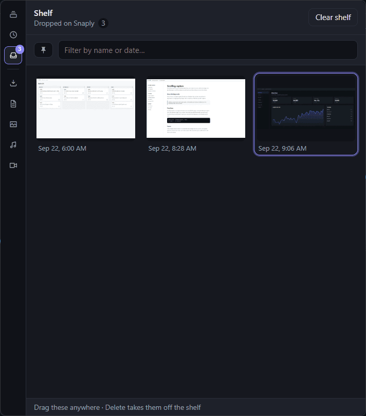 The Snaply shelf view holding three files, with a Clear shelf button and a note that dragging them out works anywhere.