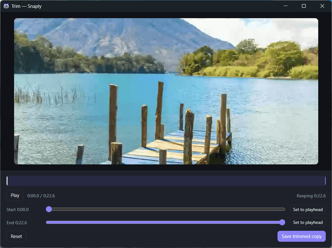 The Snaply trim window with a video preview, start and end handles, Set to playhead buttons and a Save trimmed copy button.